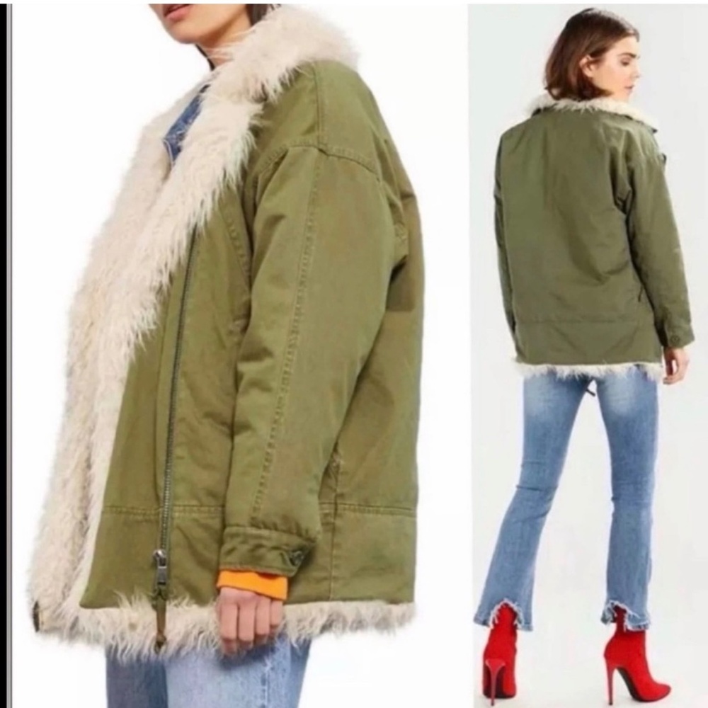 Topshop Women's Y2K Hippie Faux Fur Khaki Chic Zip Front Green Parka Coat Size 6